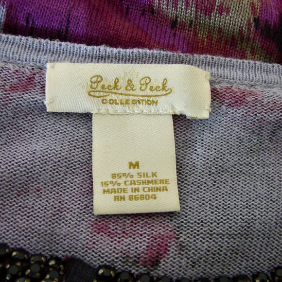 Cashmere Silk Sweater Cardigan Crewneck Preppy Purple Black Rhinestones Medium - Picture 3 of 13